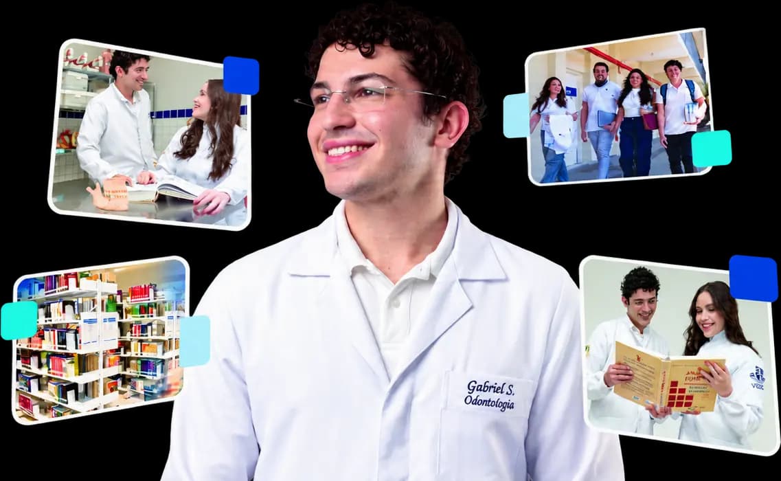Estudante de Odontologia da Faculdade Vidal sorrindo, de jaleco